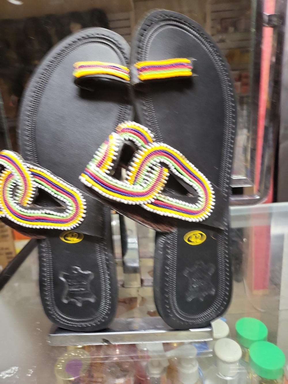 African Maasai Beaded Black Leather Sandals with Multicolor Beadwork Size 11 - Picture 4 of 7